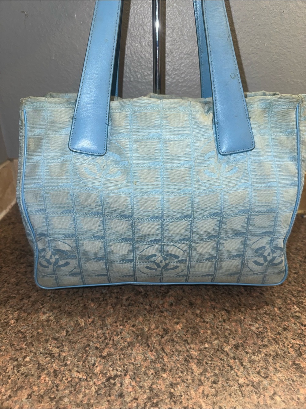 CHANEL rare baby Blue Jacquard travel line Tote Bag EUC